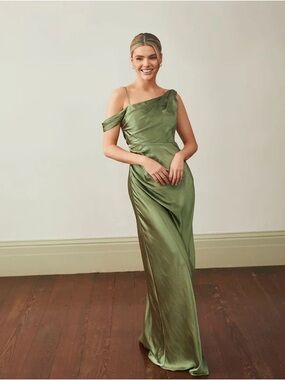 Six Stories Asymmetrical Bardot Strap Satin Bridesmaid Dress in Moss Green